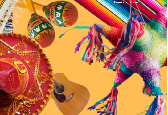 objets de culture hispanique : sombrero, guitare, maracas, piñata