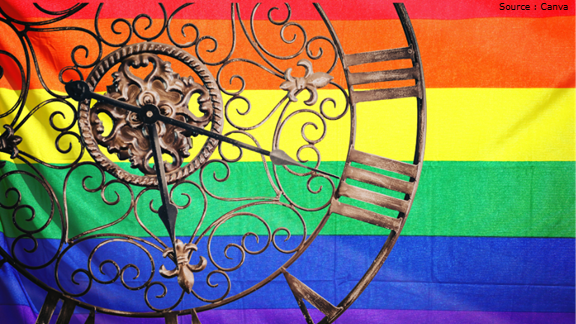 horloge métallique sur fond du drapeau arc-en-ciel des fiertés